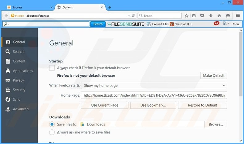 Removing File Send Suite from Mozilla Firefox homepage