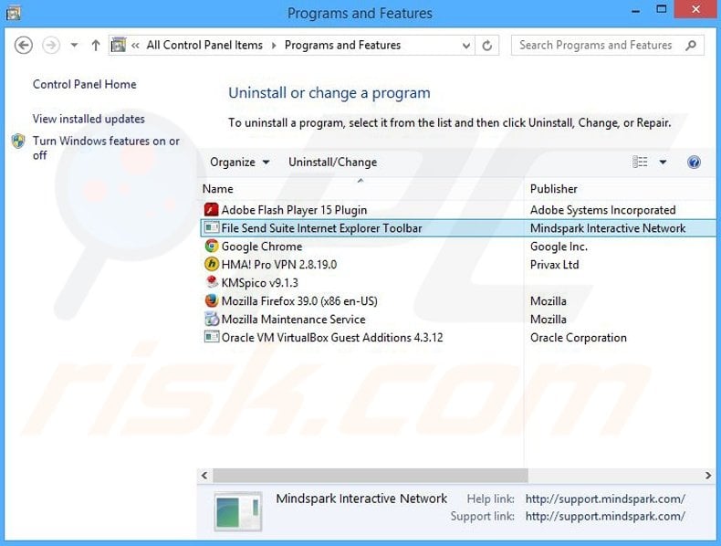 File Send Suite browser hijacker uninstall via Control Panel