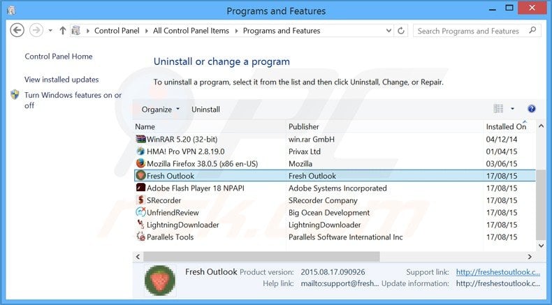 fresh outlook adware uninstall via Control Panel