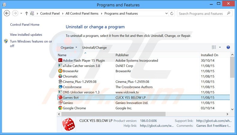 games bot pup uninstall via Control Panel