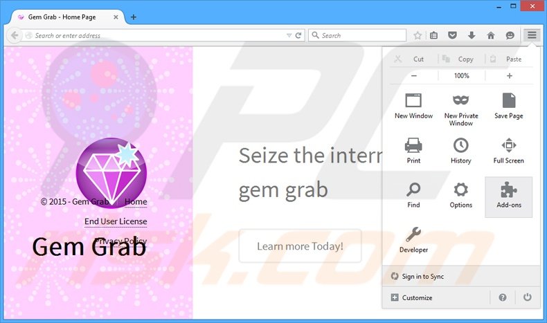 Removing Gem Grab ads from Mozilla Firefox step 1