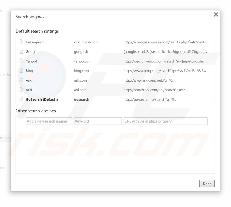 Removing go-search.ru from Google Chrome default search engine