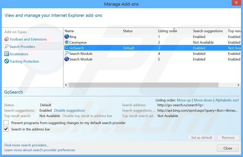 Removing go-search.ru from Internet Explorer default search engine