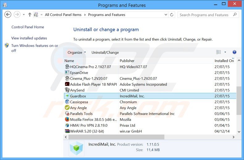 guardbox browser hijacker uninstall via Control Panel