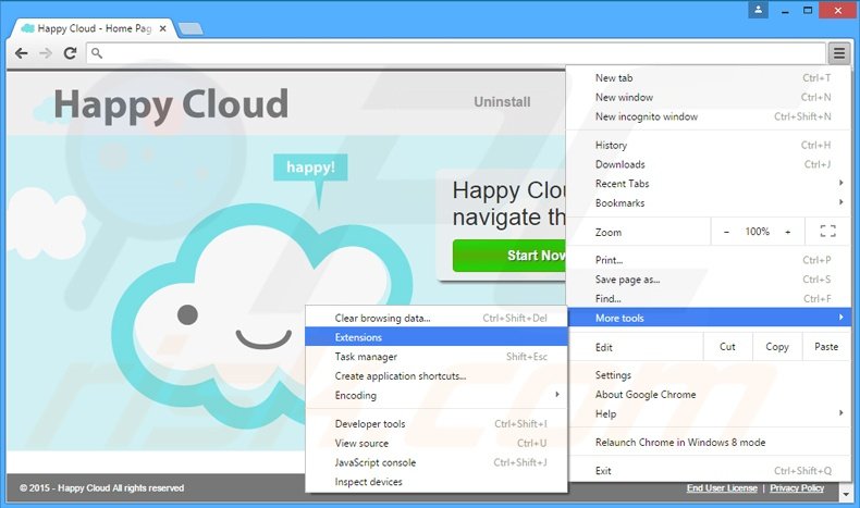 Removing Happy Cloud  ads from Google Chrome step 1