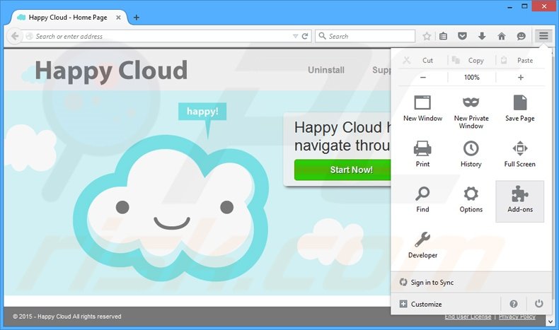 Removing Happy Cloud ads from Mozilla Firefox step 1