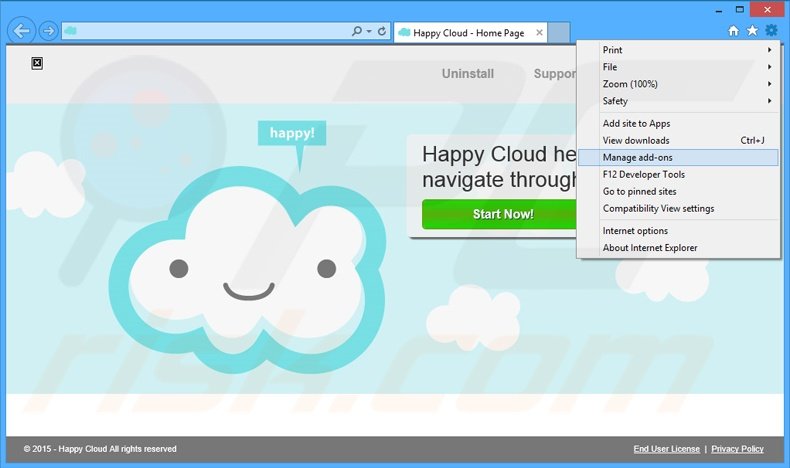 Removing Happy Cloud ads from Internet Explorer step 1