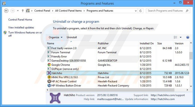 hatchiho adware uninstall via Control Panel