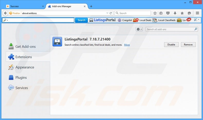 Removing ListingsPortal related Mozilla Firefox extensions