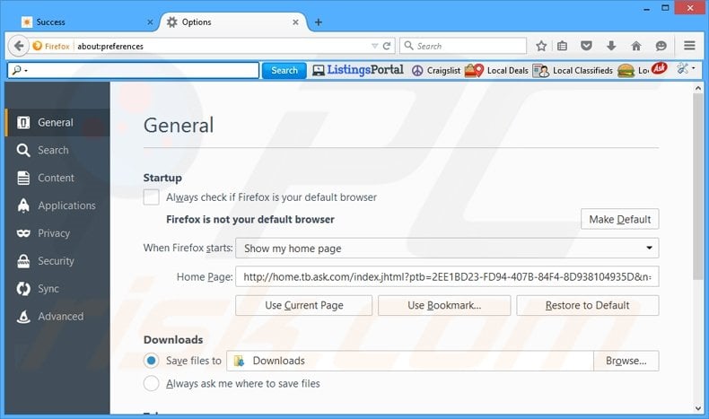 Removing ListingsPortal from Mozilla Firefox homepage