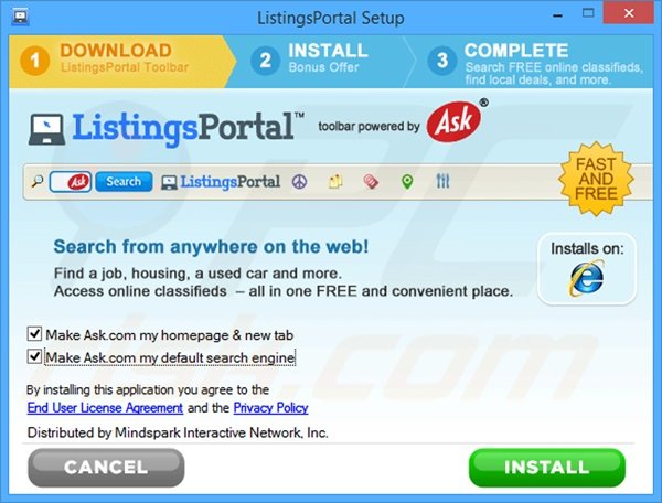 Official ListingsPortal browser hijacker installation setup