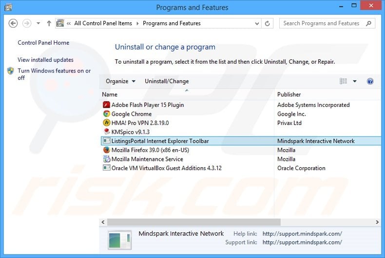 ListingsPortal browser hijacker uninstall via Control Panel