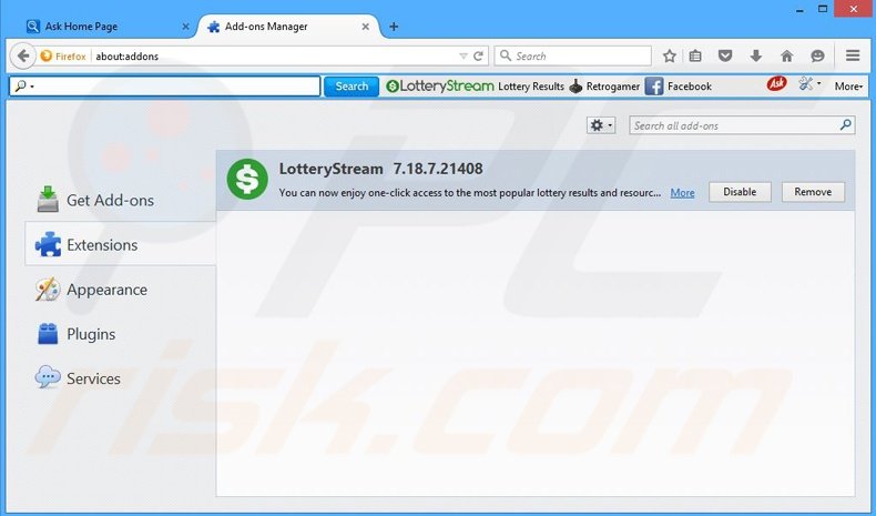 Removing LotteryStream related Mozilla Firefox extensions