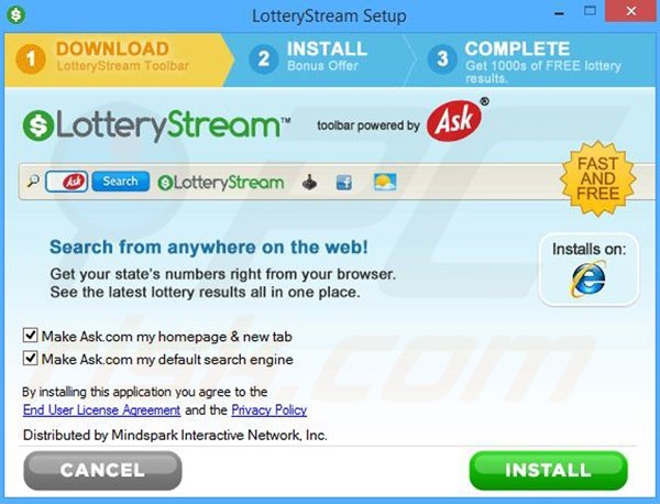 Official LotteryStream browser hijacker installation setup