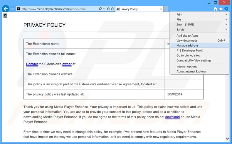 Removing MediaPlayVid ads from Internet Explorer step 1