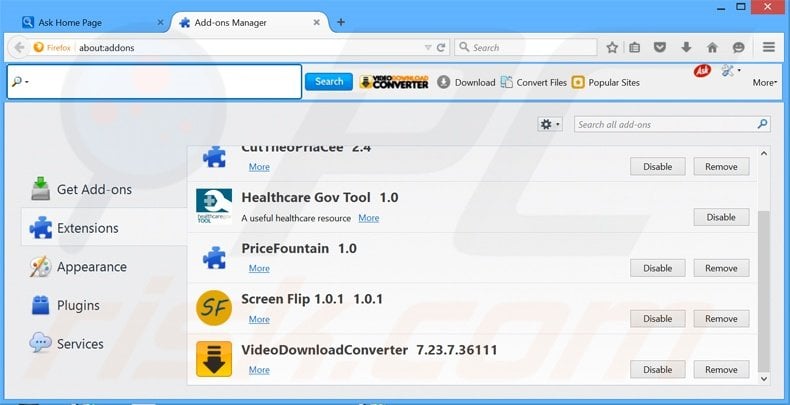 Removing Media Search App by Ask related Mozilla Firefox extensions