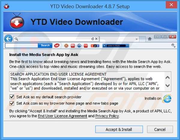 Deceitful installer distributing Media Search App by Ask browser hijacker