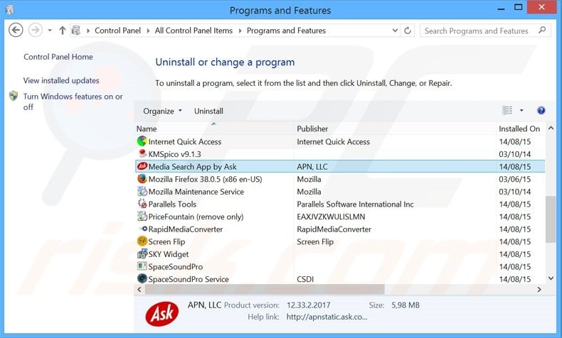 Media Search App by Ask browser hijacker uninstall via Control Panel