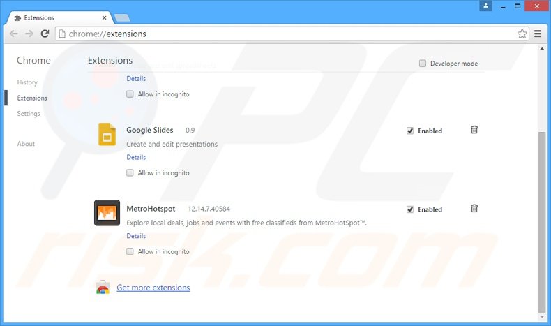 Removing MetroHotspot related Google Chrome extensions