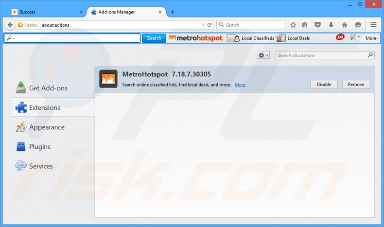 Removing MetroHotspot related Mozilla Firefox extensions