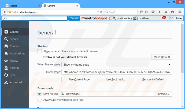 Removing MetroHotspot from Mozilla Firefox homepage