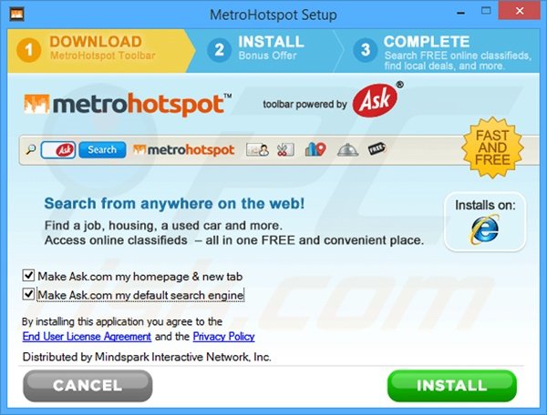 Official MetroHotspot browser hijacker installation setup