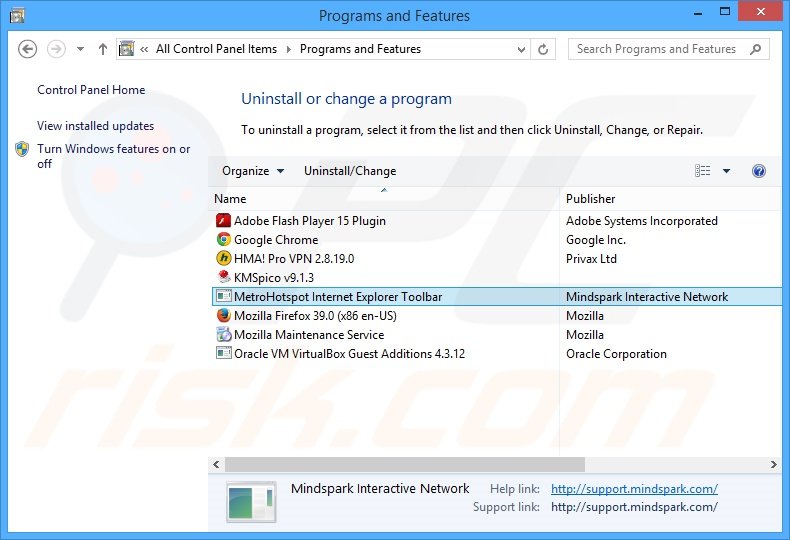 MetroHotspot browser hijacker uninstall via Control Panel