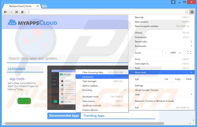Removing MyAppsCloud  ads from Google Chrome step 1