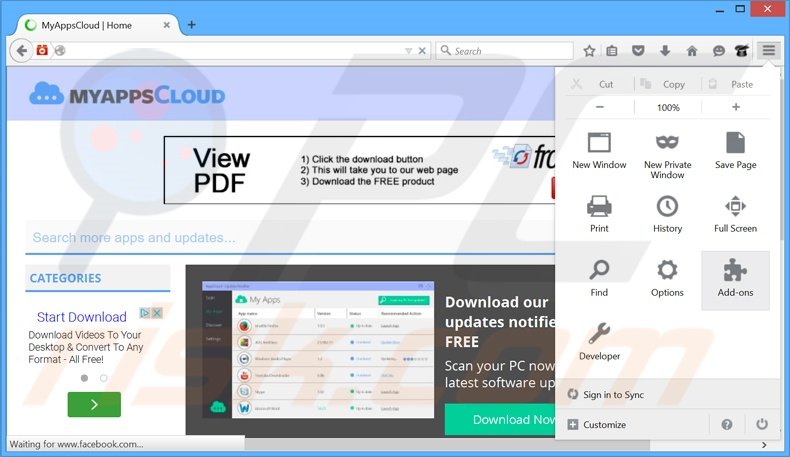 Removing MyAppsCloud ads from Mozilla Firefox step 1