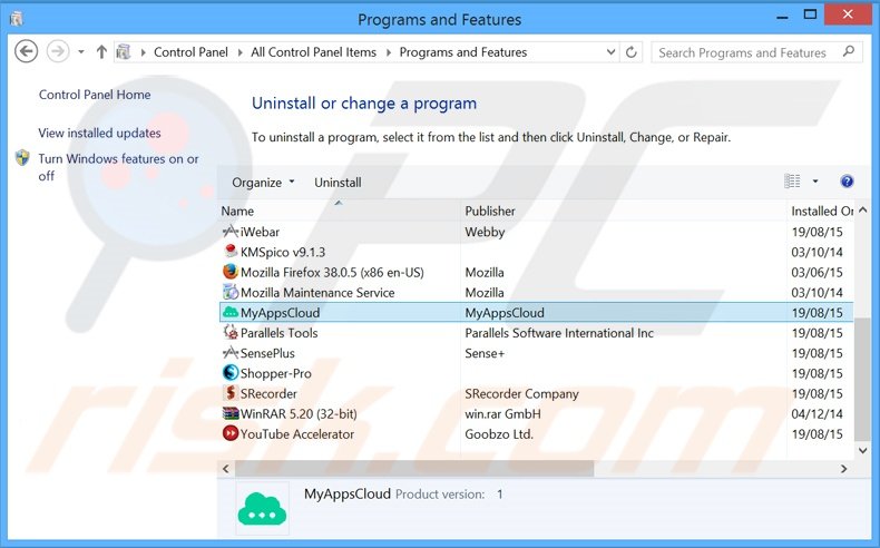 MyAppsCloud adware uninstall via Control Panel
