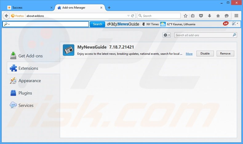 Removing MyNewsGuide related Mozilla Firefox extensions