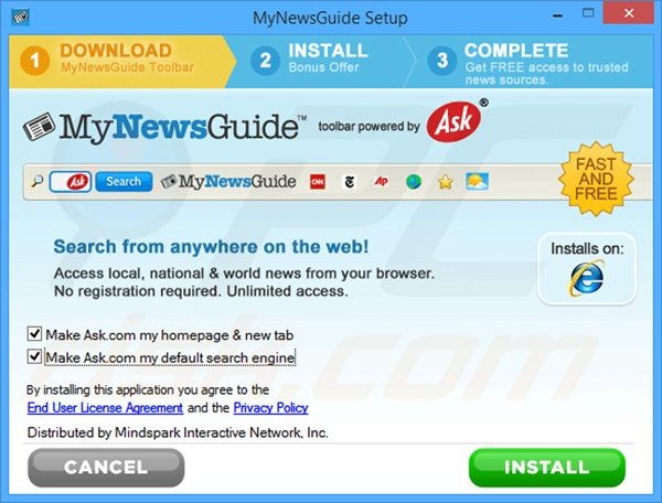 Official MyNewsGuide browser hijacker installation setup