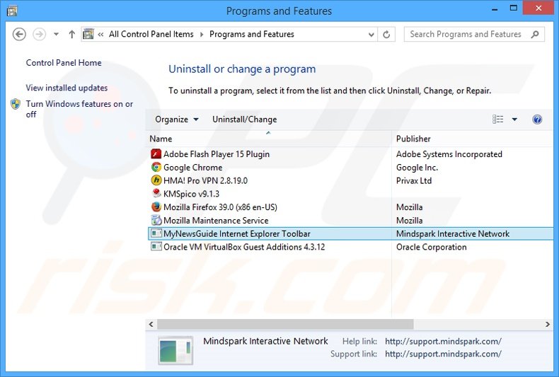 MyNewsGuide browser hijacker uninstall via Control Panel