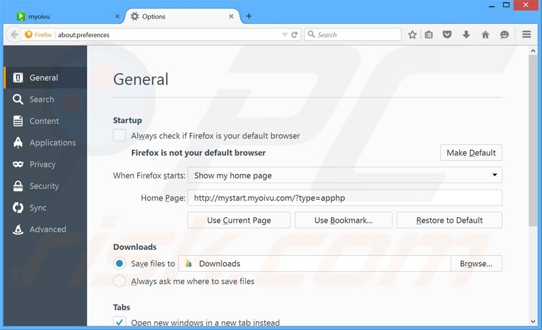 Removing mystart.myoivu.com from Mozilla Firefox homepage