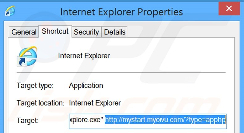 Removing mystart.myoivu.com from Internet Explorer shortcut target step 2
