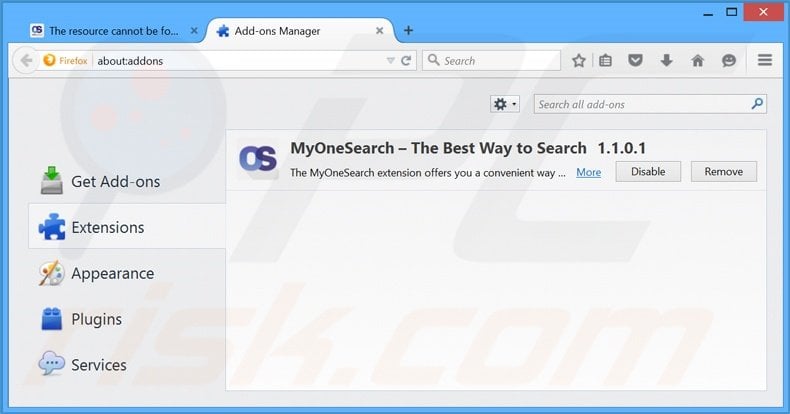 Removing MyOneSearch.net related Mozilla Firefox extensions
