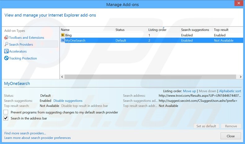 Removing MyOneSearch.net from Internet Explorer default search engine