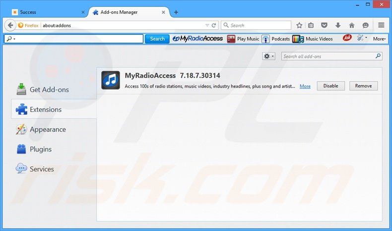 Removing MyRadioAccess related Mozilla Firefox extensions