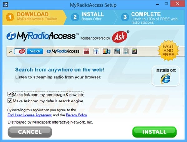 Official MyRadioAccess browser hijacker installation setup