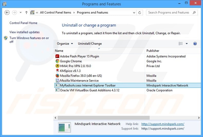 MyRadioAccess browser hijacker uninstall via Control Panel