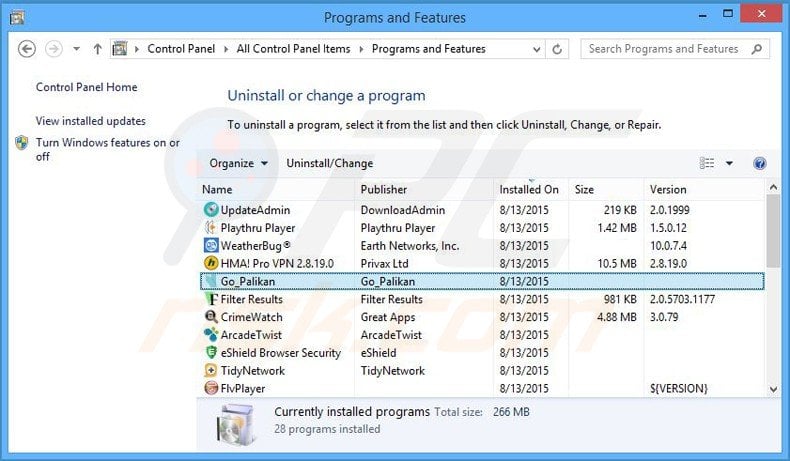 palikan.com browser hijacker uninstall via Control Panel