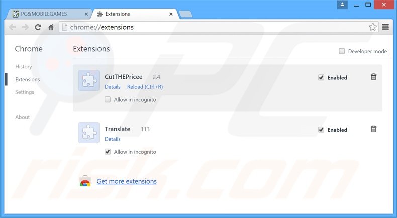 Removing PCandMobileGames ads from Google Chrome step 2