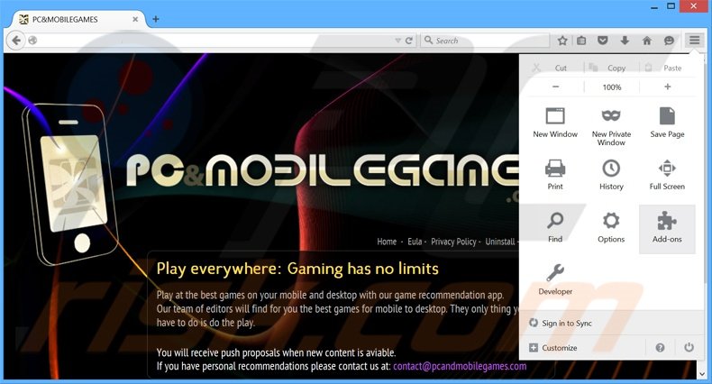 Removing PCandMobileGames ads from Mozilla Firefox step 1