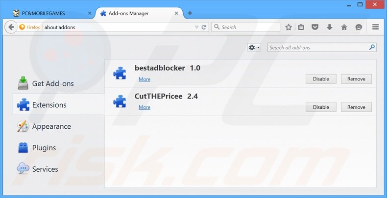 Removing PCandMobileGames ads from Mozilla Firefox step 2