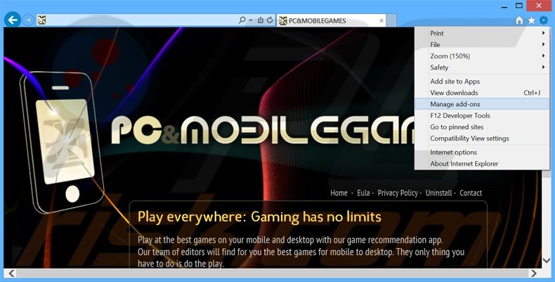 Removing PCandMobileGames ads from Internet Explorer step 1