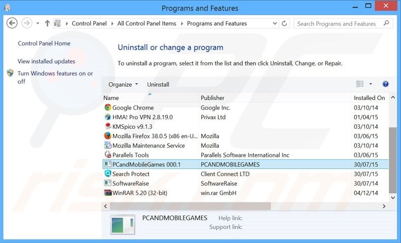 PCandMobileGames adware uninstall via Control Panel