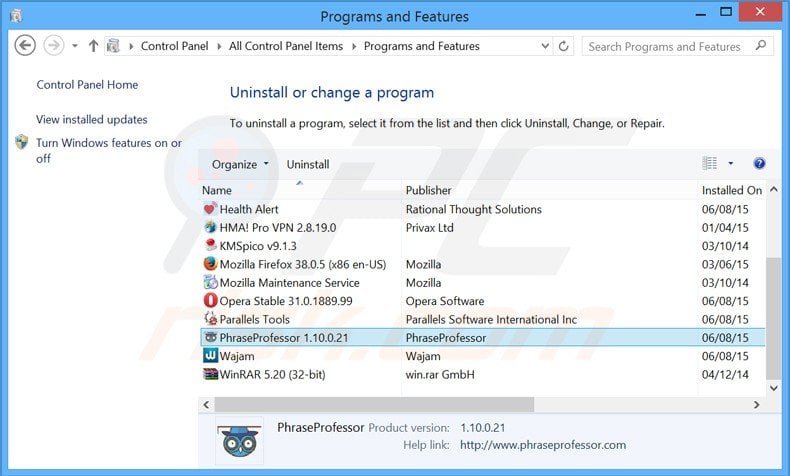 phraseprofessor adware uninstall via Control Panel