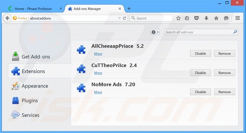 Removing PhraseProfessor ads from Mozilla Firefox step 2