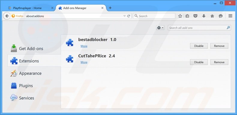 Removing Playthru Player ads from Mozilla Firefox step 2