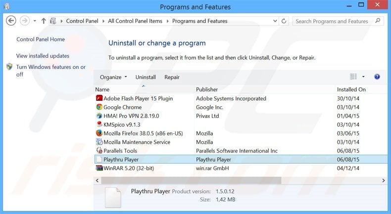 Playthru Player adware uninstall via Control Panel